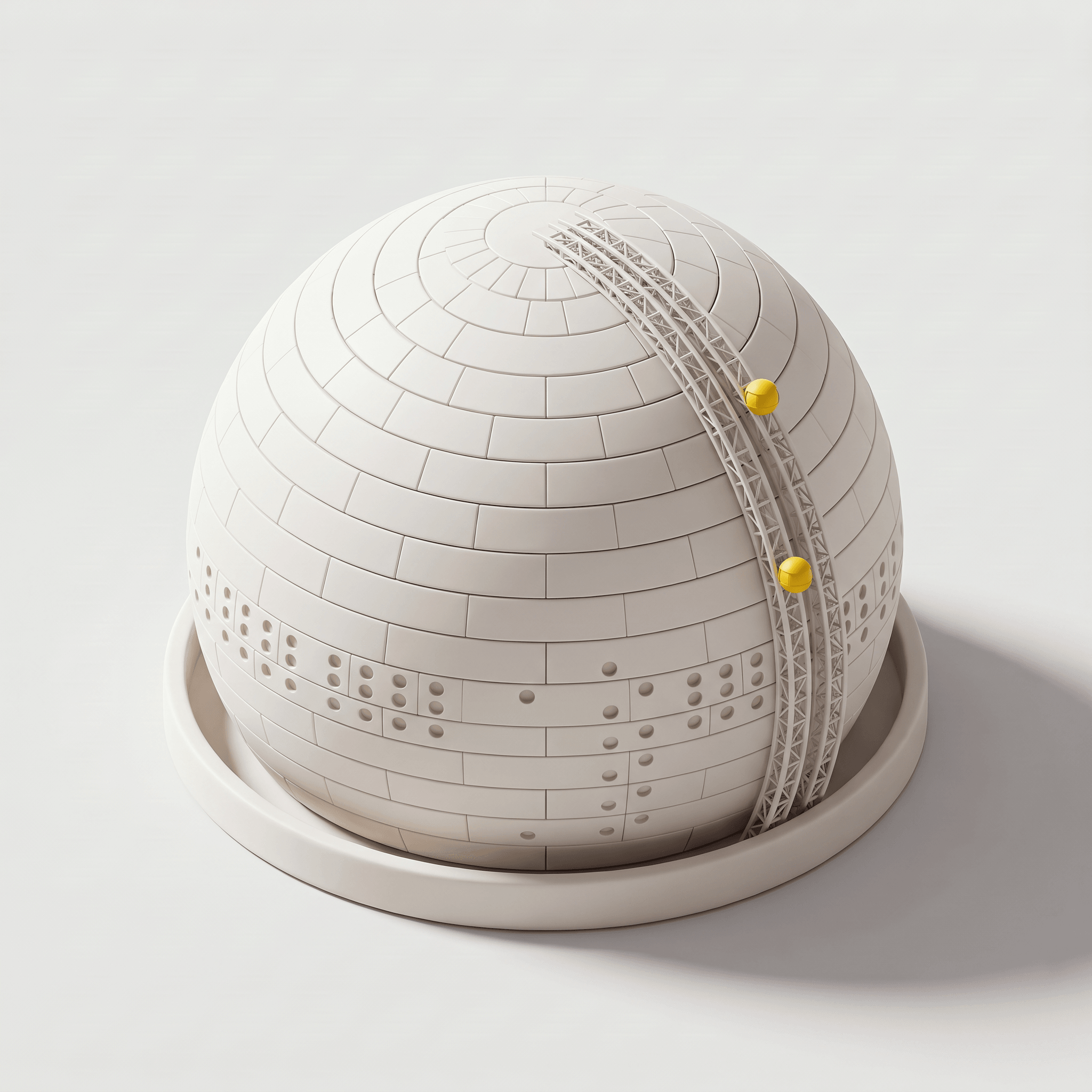 3D-illustration i lerstil av Avicii Arena (Globen) med SkyView-gondolerna i gult.