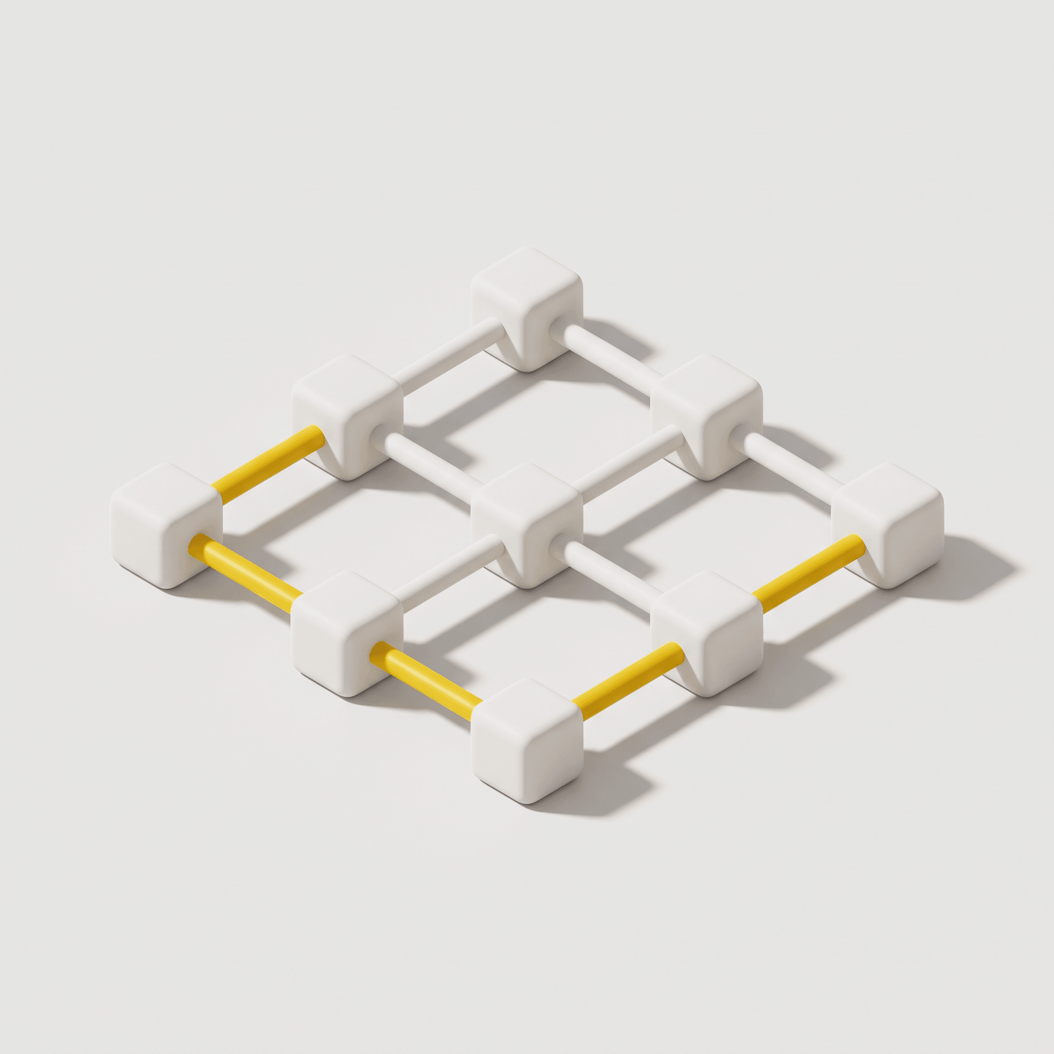 3D-illustration i lerstil av ett rutnät av sammankopplade kuber, med en gul väg längs kanten.