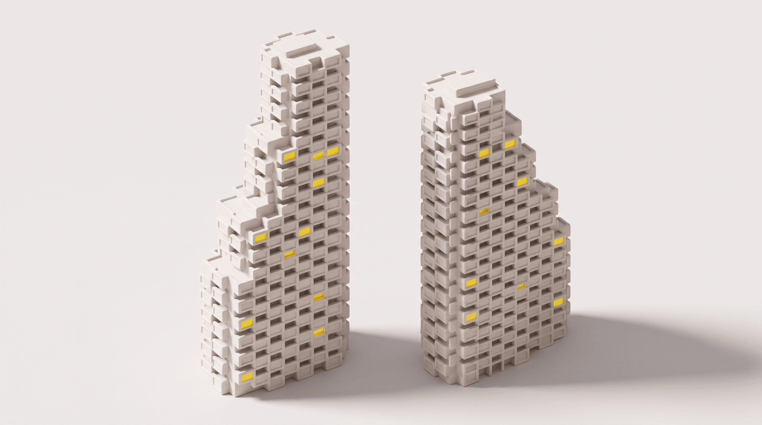3D-illustration i lerstil av Norra tornen i Stockholm i stående format, med enstaka fönster upplysta i gult.