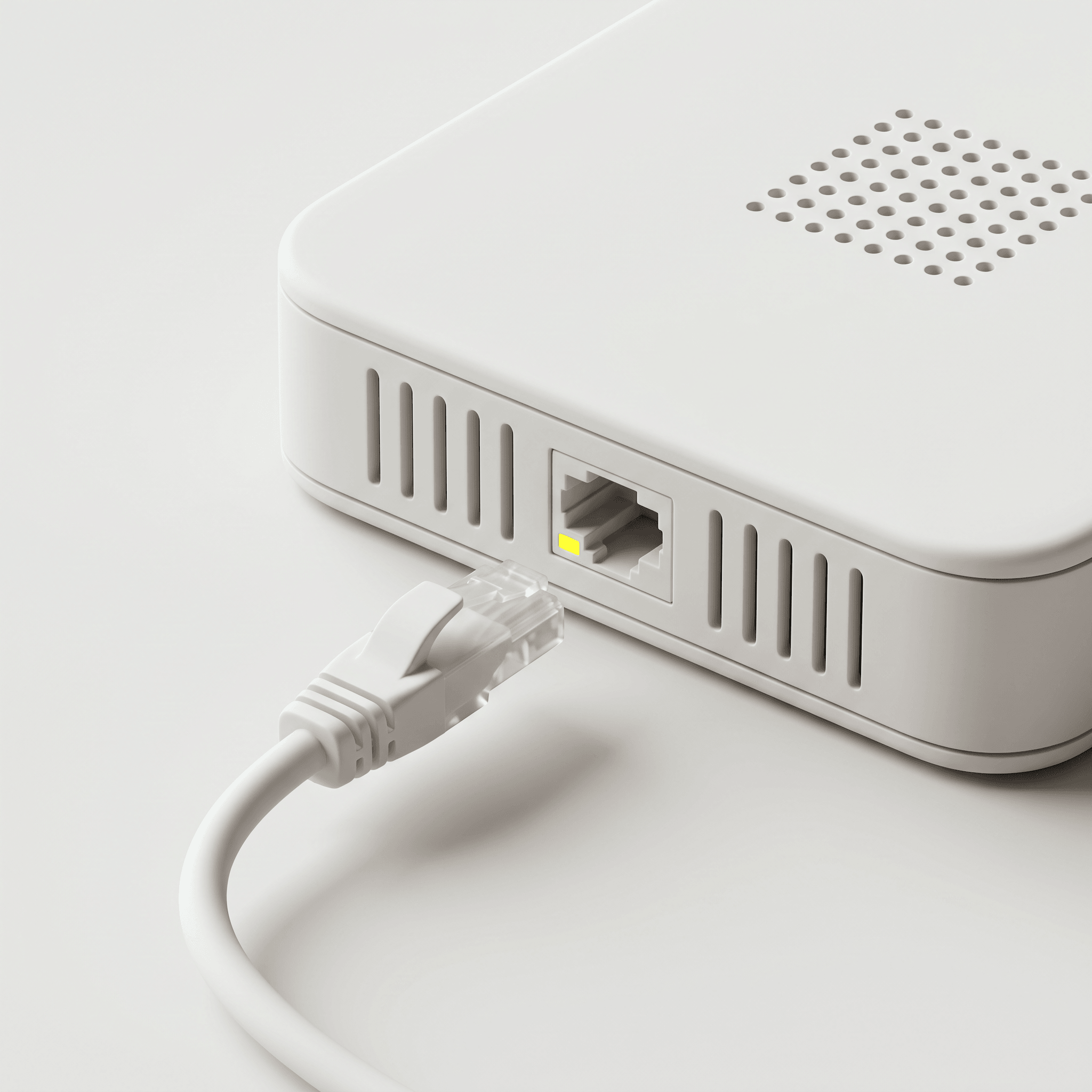 3D-illustration i lerstil av en router med en nätverkskabel på väg in i porten, där en gul lampa lyser.