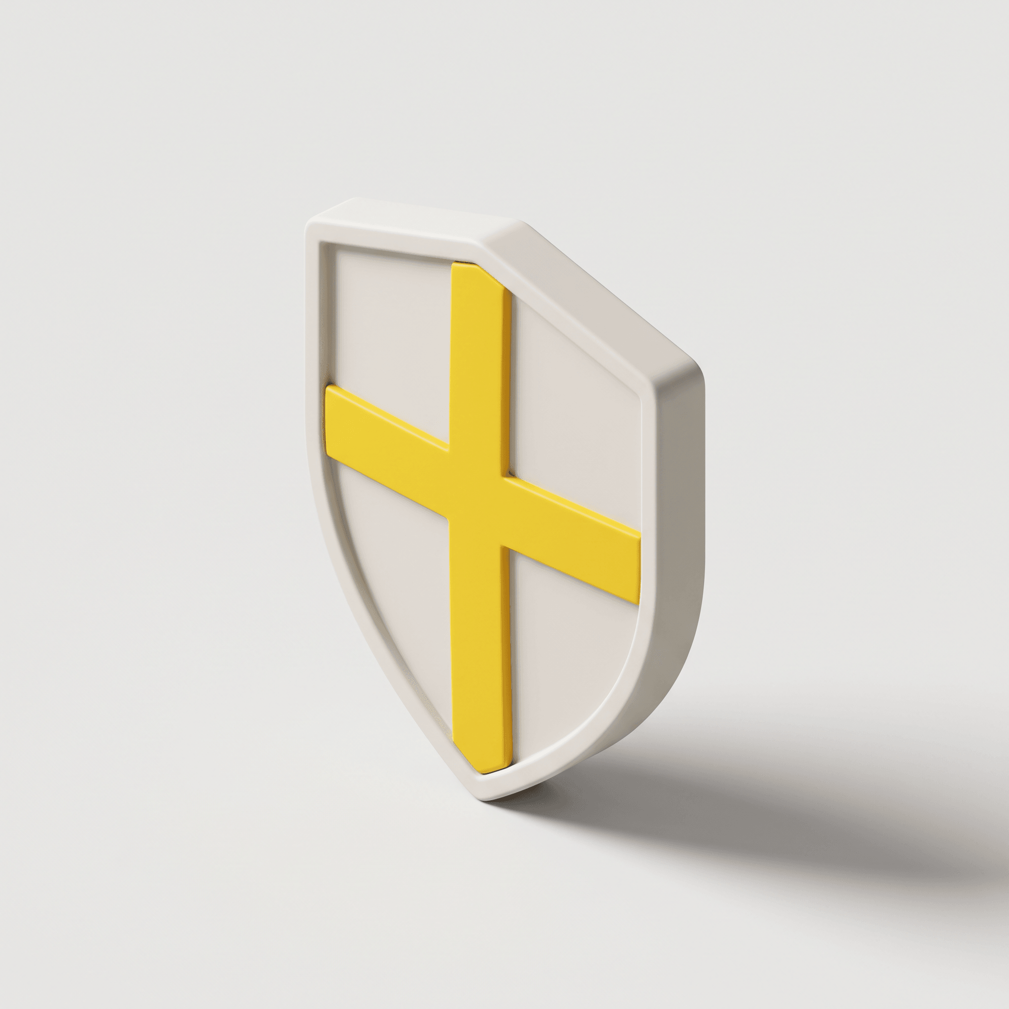 3D-illustration i lerstil av en sköld med ett gult kors.