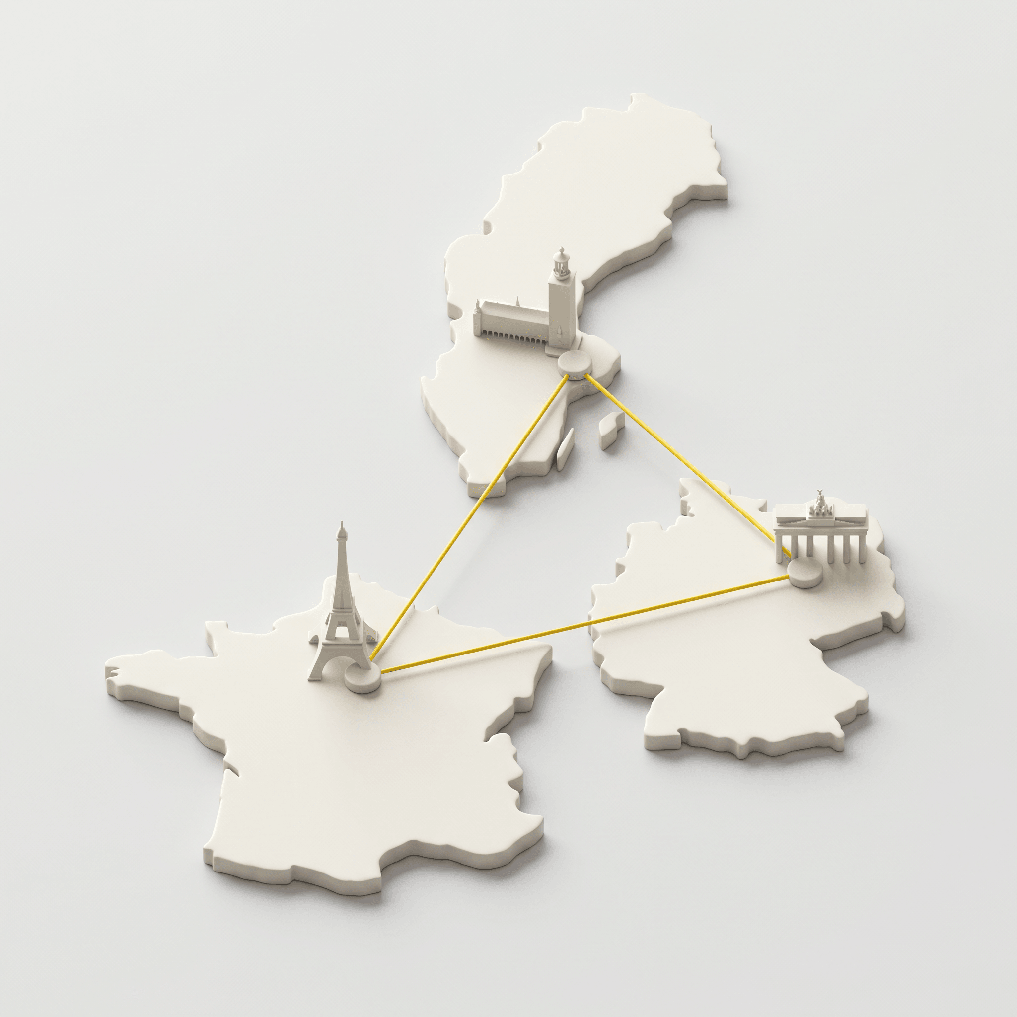 3D-illustration i lerstil av Sverige, Frankrike och Tyskland med Stockholms stadshus, Eiffeltornet och Brandenburger Tor, sammankopplade med gula linjer.
