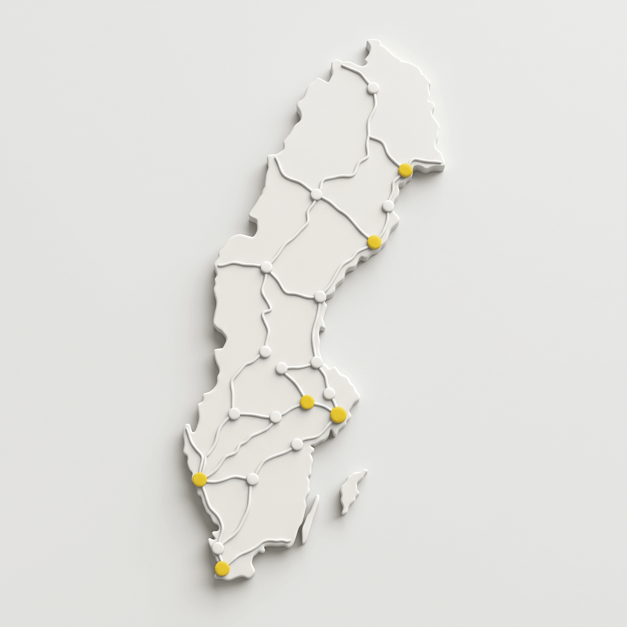 3D-illustration i lerstil av en karta över Sverige med ett nät av förbindelser mellan orter, sex av dem markerade i gult.