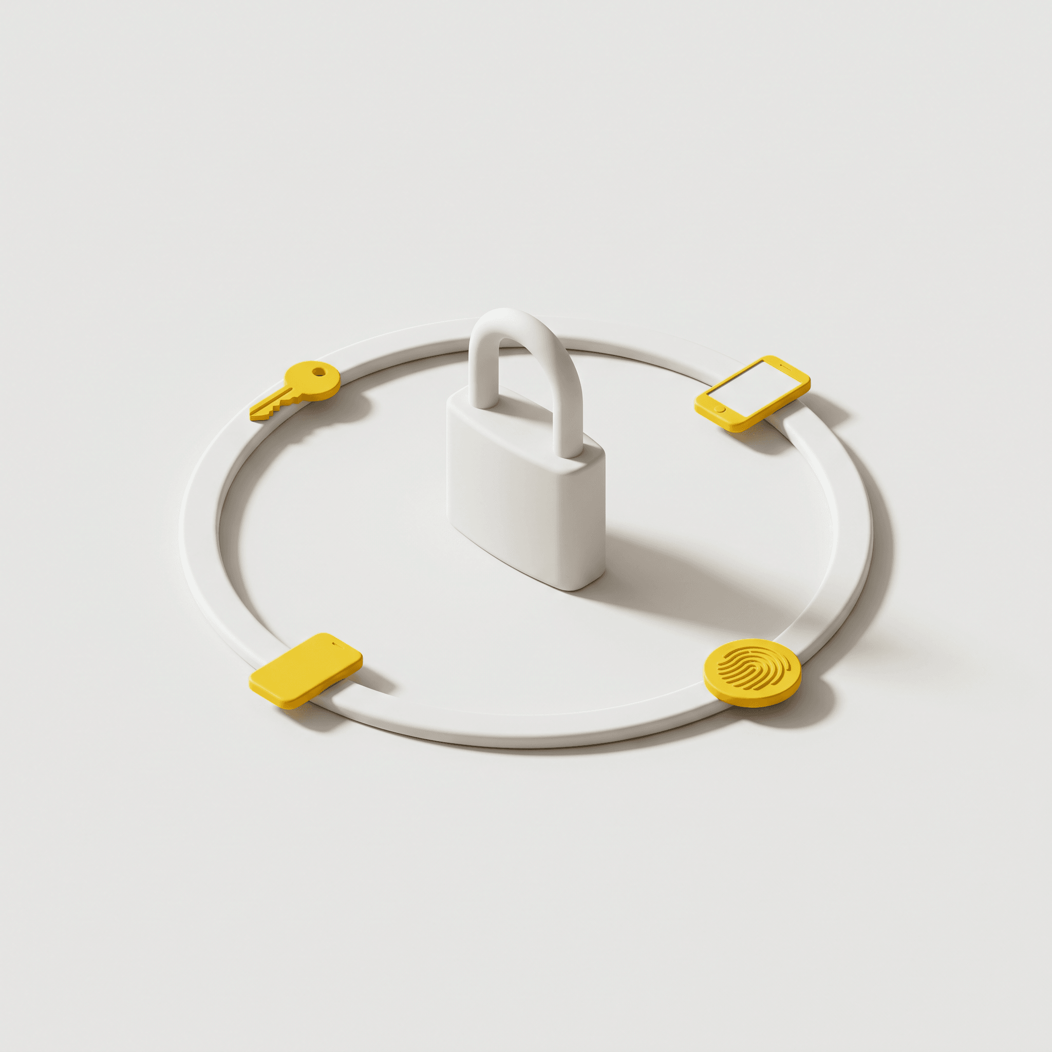 3D-illustration i lerstil av ett hänglås i en ring med fyra gula inloggningsmetoder: nyckel, mobil, kort och fingeravtryck. En symbol för flerfaktorsautentisering.