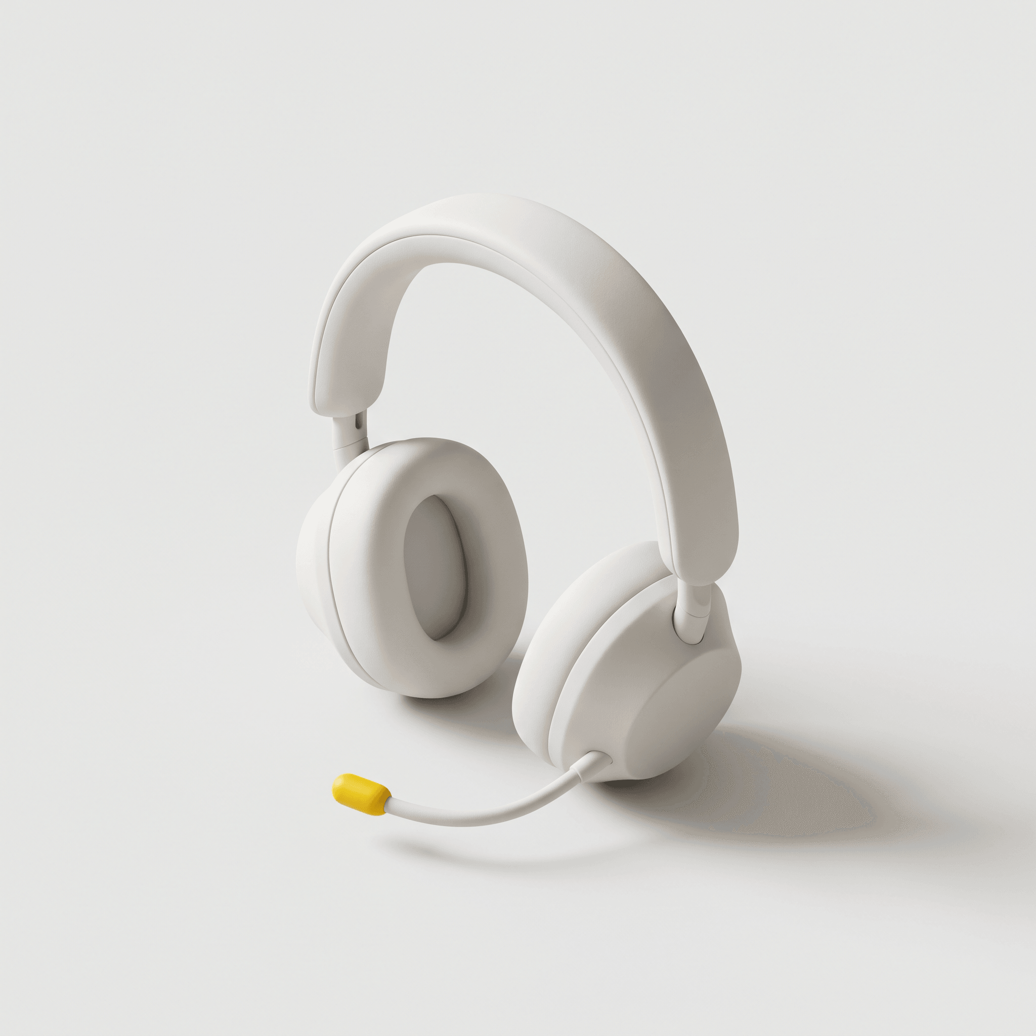 3D-illustration i lerstil av ett headset med runda öronkuddar och gul mikrofon, en symbol för kundsupport.