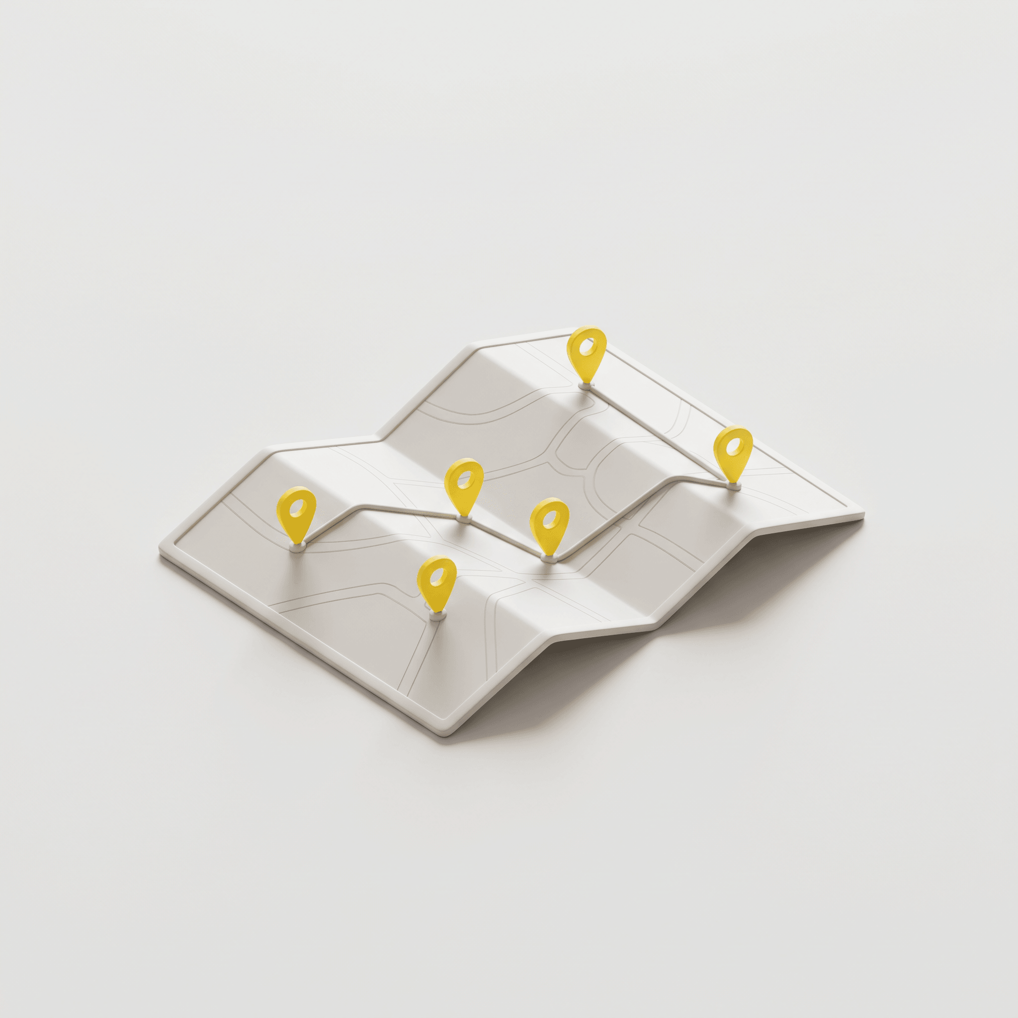 3D-illustration i lerstil av en vikt karta med en rutt mellan sex gula platsmarkörer.