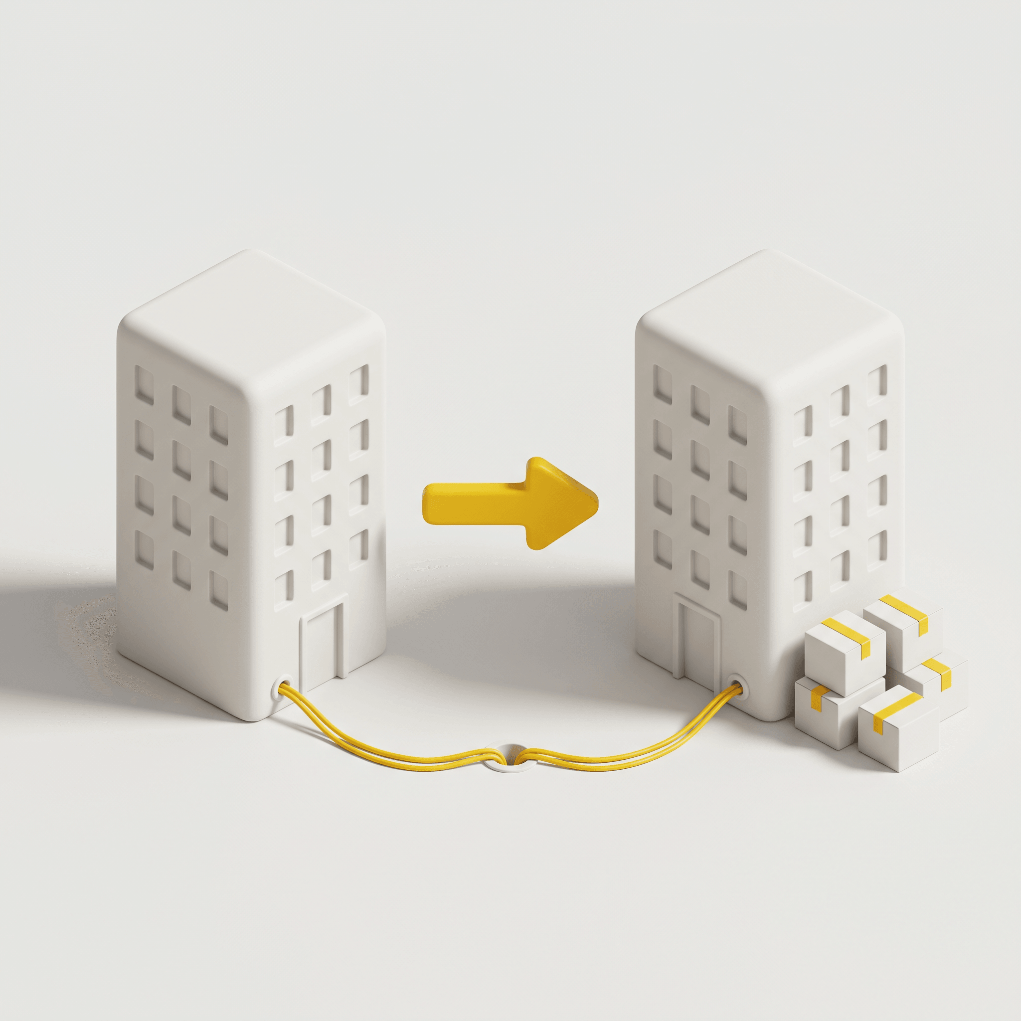 3D-illustration i lerstil av två kontorshus med en gul pil emellan, flyttkartonger och fiberkabeln som följer med.