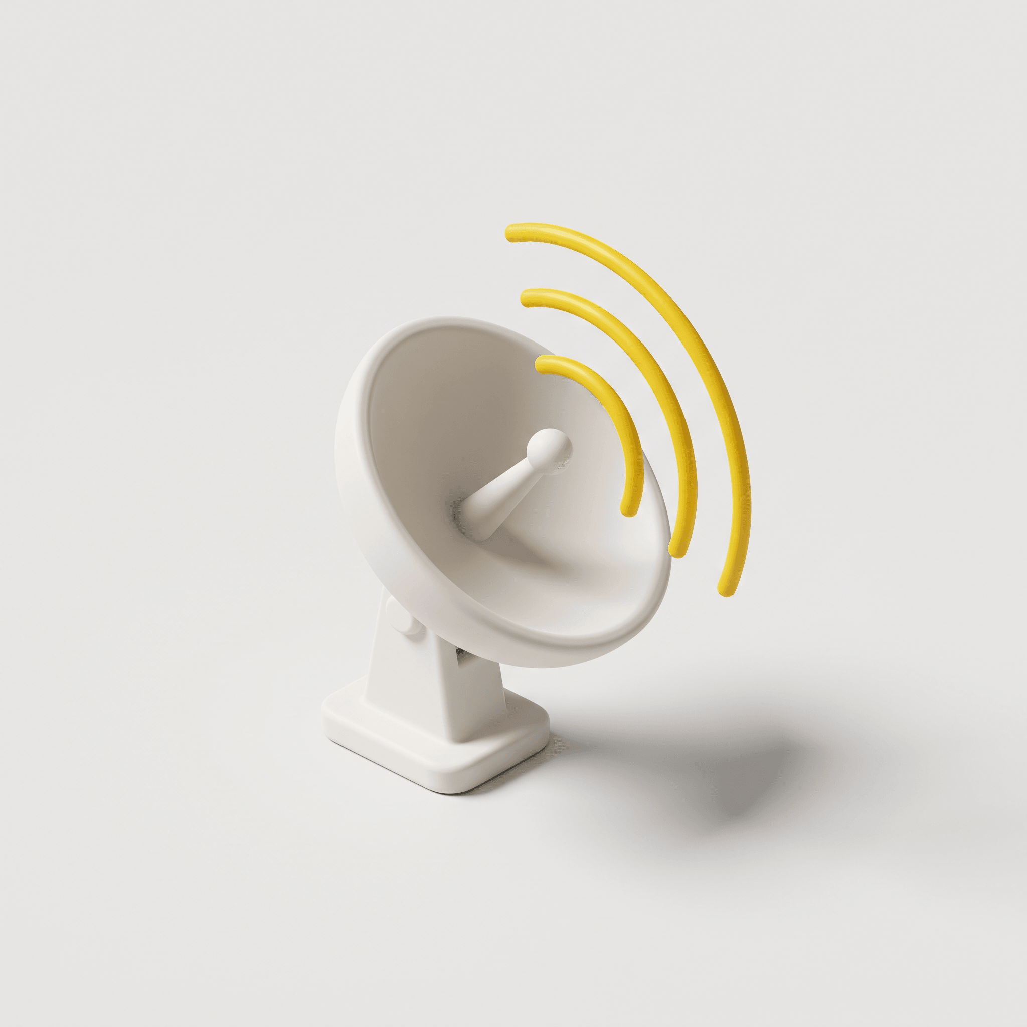 3D-illustration i lerstil av en parabolantenn med gula signalvågor.