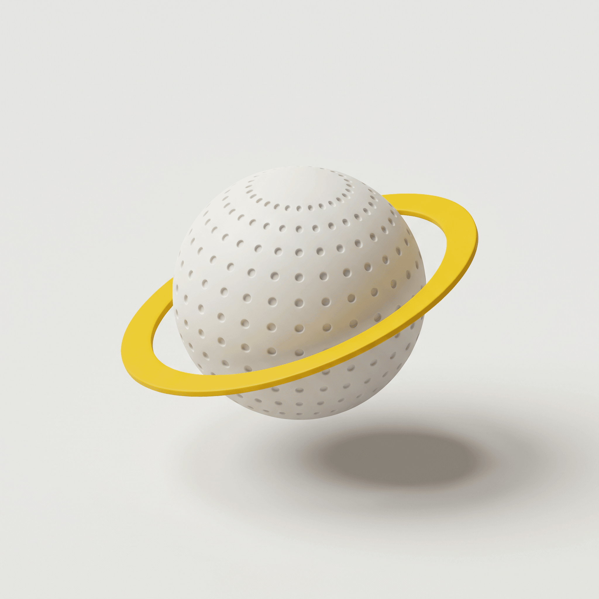 3D-illustration i lerstil av en svävande planet med perforerad yta och en gul ring.