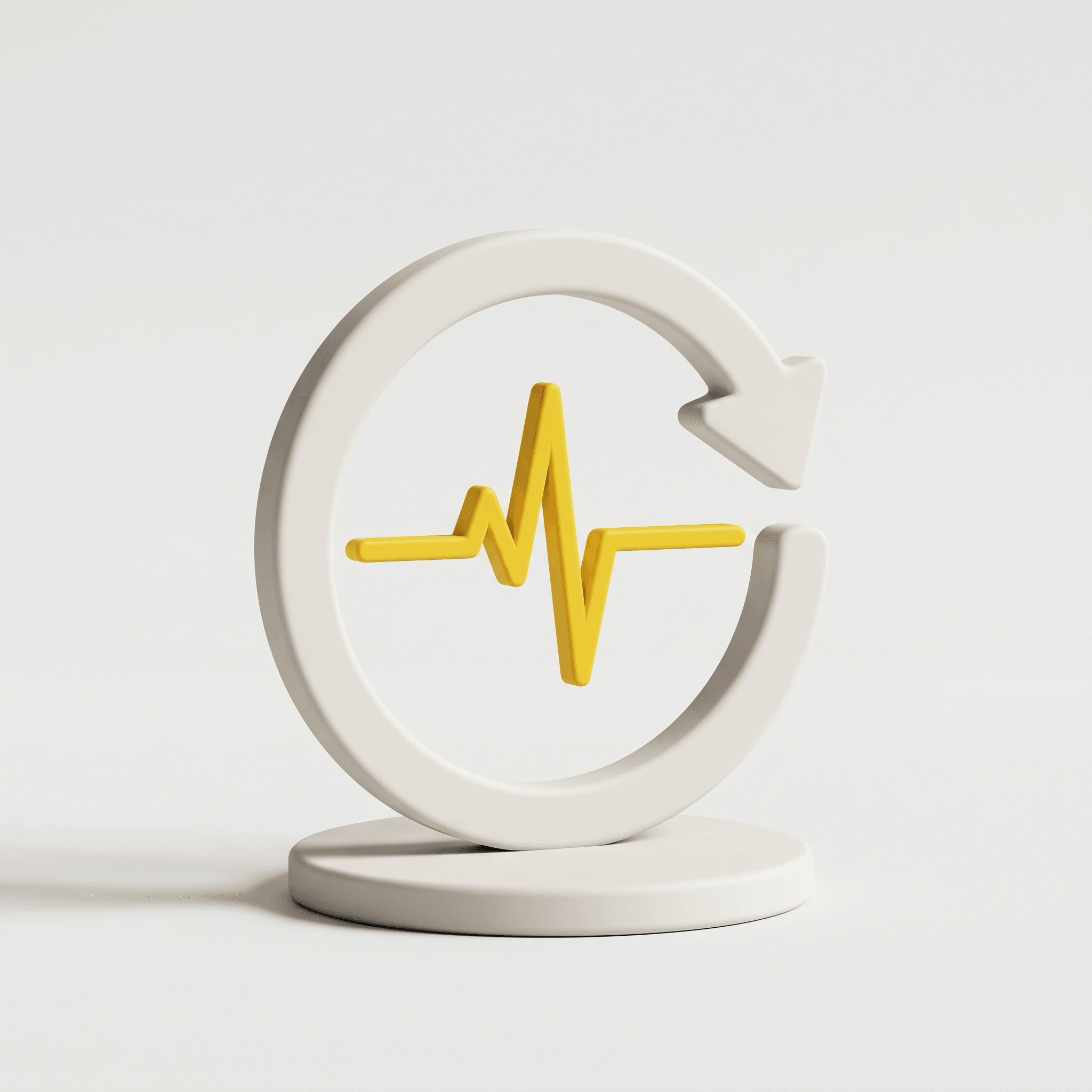 3D-illustration i lerstil av en cirkelpil på en sockel runt en gul pulslinje, en symbol för driftkontinuitet.