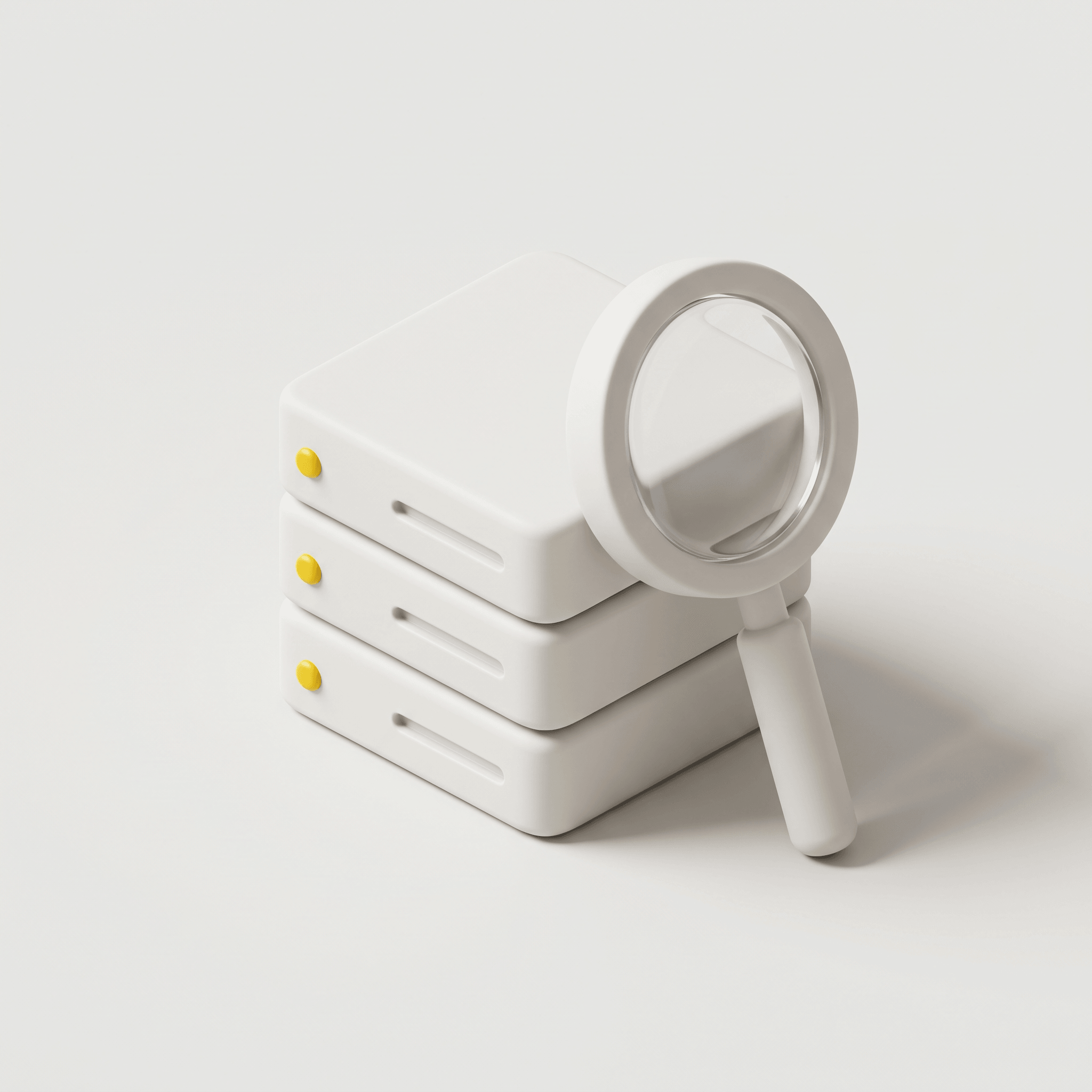 3D-illustration i lerstil av tre staplade servrar och ett förstoringsglas, en symbol för granskning.