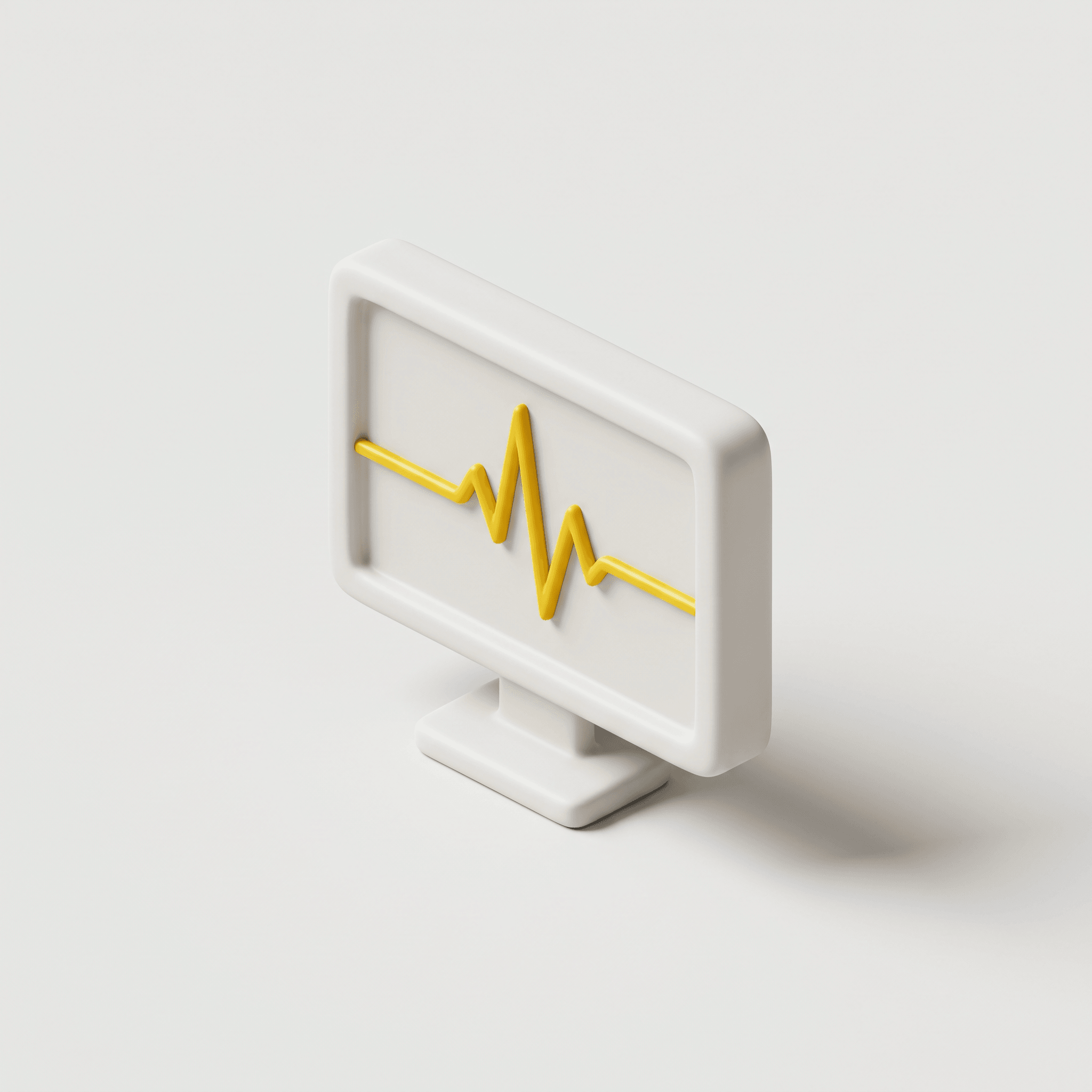 3D-illustration i lerstil av en skärm med en gul pulslinje, en symbol för övervakning.