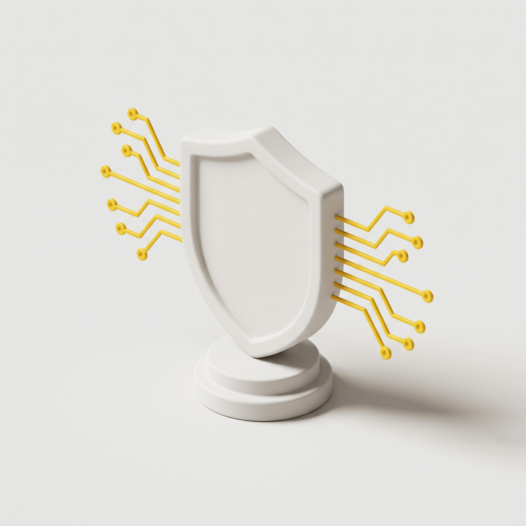 3D-illustration i lerstil av en sköld på en sockel med gula kretsbanor på båda sidor, en symbol för cybersäkerhet.