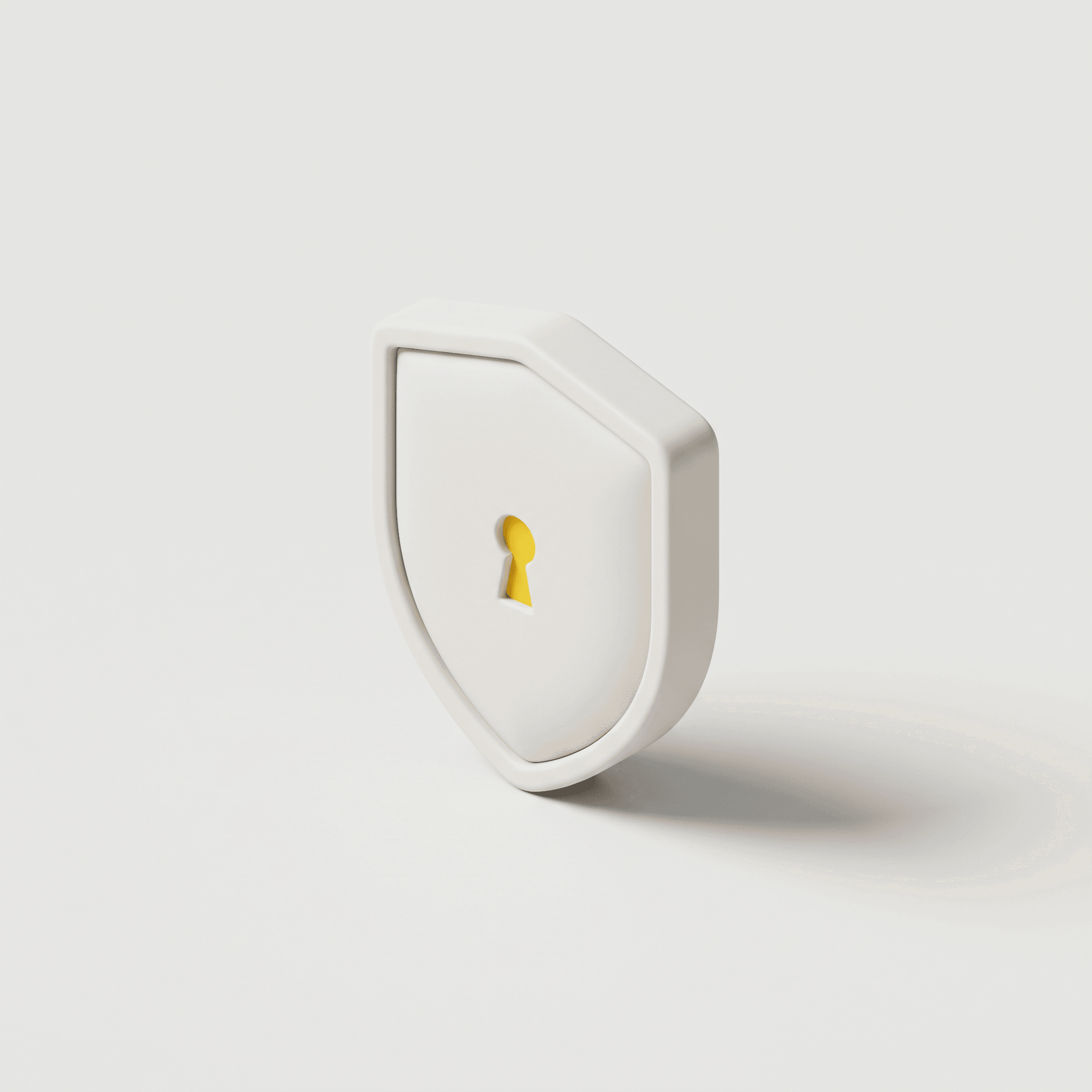 3D-illustration i lerstil av en sköld med ett gult nyckelhål, en symbol för säkerhet.