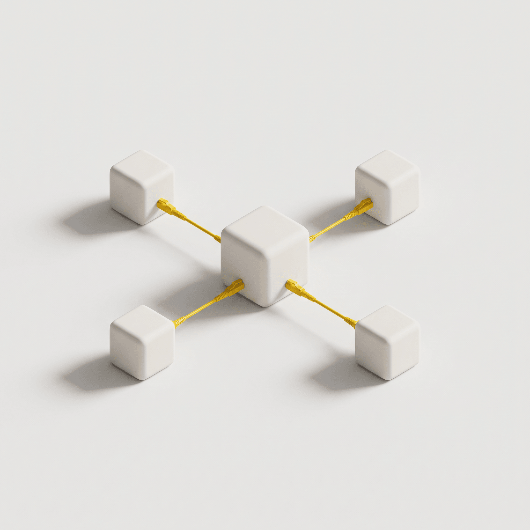 3D-illustration i lerstil av en central kub kopplad till fyra mindre kuber med gula kablar.