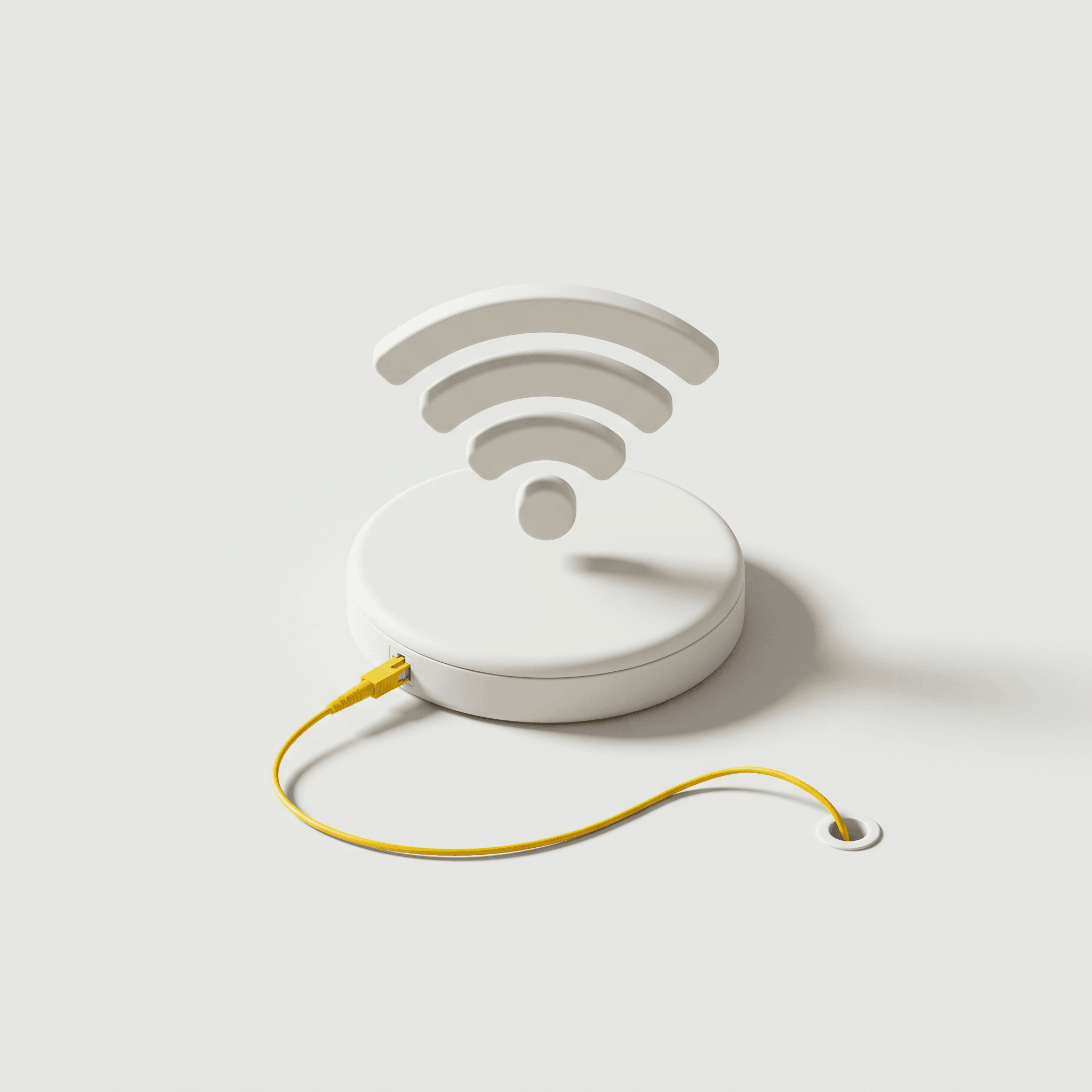 3D-illustration i lerstil av en wifi-symbol på en rund sockel, ansluten med en gul kabel.
